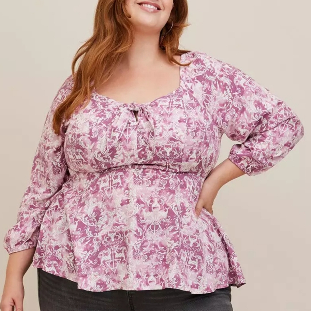 Torrid Harry Potter Purple Damask Tie Dye Challis Peplum Top 6 6X Plus Size NWT
